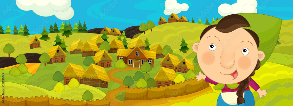 Naklejka premium cartoon scene with farmer woman working near some farm village - illustration for children