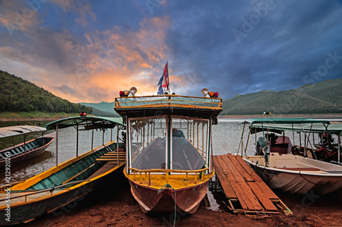 Ship with wood Pontoon boat, Mae Ngad Dam and Reservoir in Mae Taeng District in Chiang Mai Province Thailand. photo