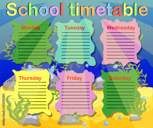 Design of the school timetable for kids. Bright underwater background for the planning of the school week photo