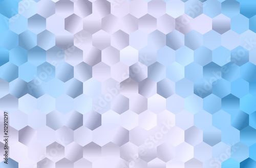 Light blue background with hexagons, bee honeycomb. Simple geometric background with gradient shapes. Vector illustration.