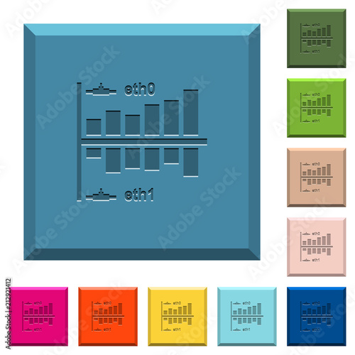 Network statistics engraved icons on edged square buttons photo