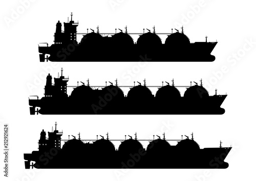 LNG carrier. Silhouette of a tank ship. A set of three tanker. Side view. Flat vector.