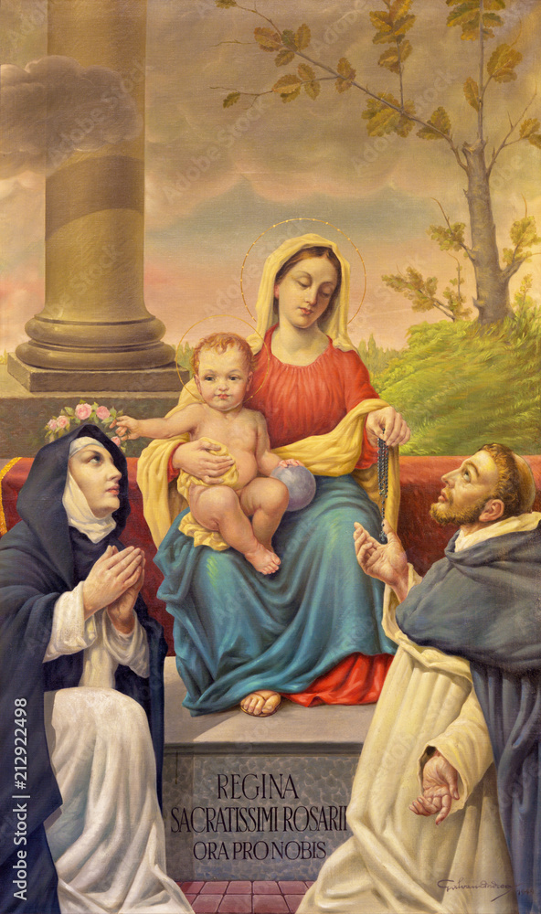 BOLOGNA, ITALY - APRIL 18, 2018: The painting of Madonna of Rosary with St. Dominic and St. Catherine in chruch Chiesa di San Benedetto by Andrea Galvan (1950).