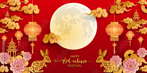 Mid Autumn Festival with paper cut art and craft style on color Background.