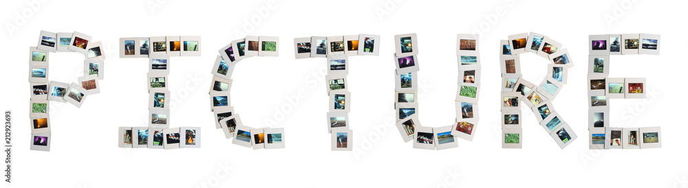 Picture word written using photo slides with clipping path Old film slides arranged to convey the concept of visual creation Picture word written using photo slides with clipping path Old film slides arranged to convey the concept of visual creation