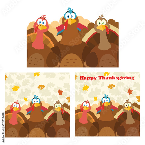 Thanksgiving Turkey Bird Cartoon Mascot Character Set 7. Vector Collection Isolated On White Background