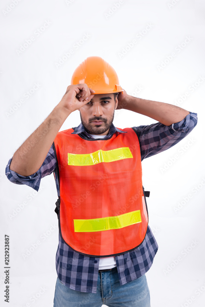 Construction worker wearing safety vest isolated on white,Arabian engineer smile Construction worker wearing safety vest isolated on white,Arabian engineer smile