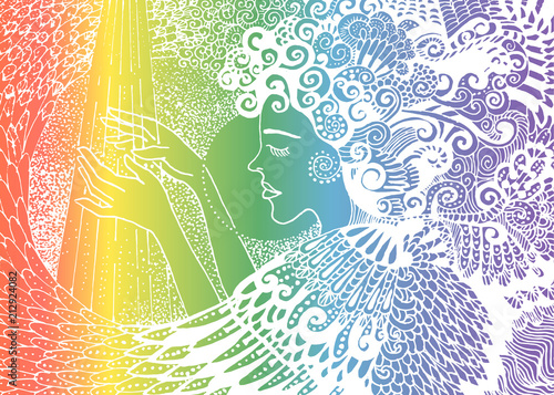 disegno angelo suona lo strumento musicale luce arcobaleno vector