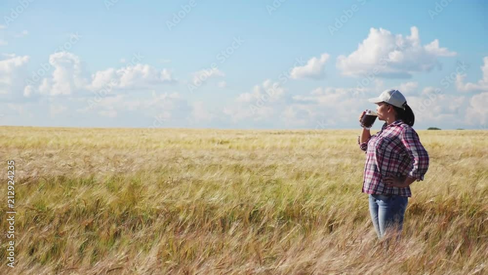 Female farmer drink dark beer in barley field. To have a rest after hard work - the female farmer drinks beer from a glass. Steadicam slow motion video Female farmer drink dark beer in barley field. To have a rest after hard work - the female farmer drinks beer from a glass. Steadicam slow motion video