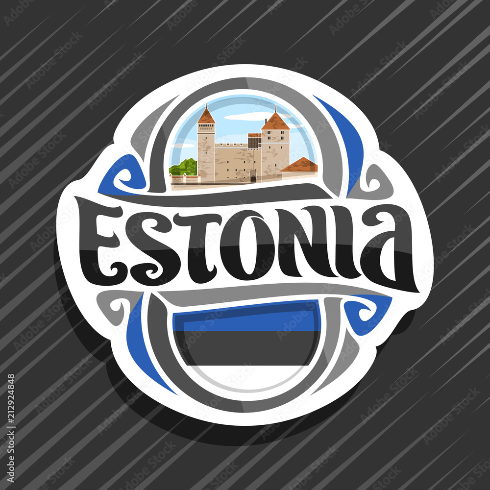 Vector logo for Estonia country, fridge magnet with estonian state flag,  original brush typeface for word estonia, national estonian symbol -  Kuressaare episcopal castle on cloudy sky background. Stock Vector | Adobe  Stock