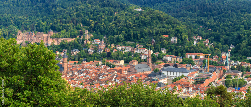 Panorama Ausblick vom Philosophenweg auf die Altstadt von Heidelberg mit dem Schloss, Baden Württemberg, Deutschland