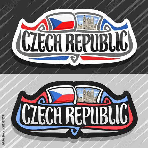 Vector logo for Czech Republic, fridge magnet with czech state flag, original brush typeface for words czech republic and national symbol - St. Vitus cathedral in Prague on blue cloudy sky background.