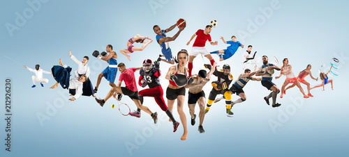Sport collage about kickboxing  soccer  american football  basketball  ice hockey  badminton  taekwondo  tennis  rugby