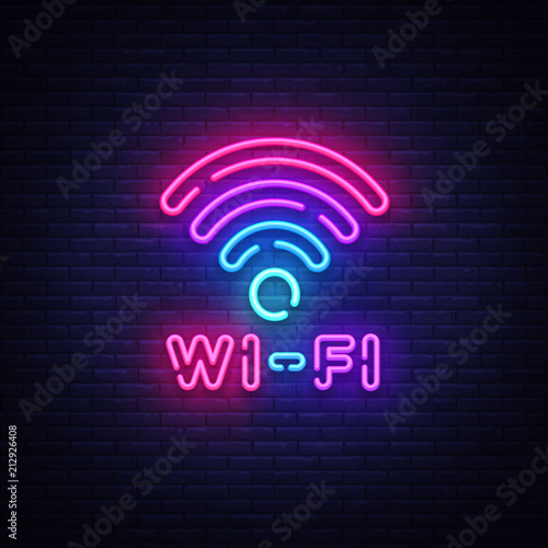 Wifi neon sign vector. Wifi symbol neon glowing letters shining, Light Banner, neon text. Vector illustration. Billboard