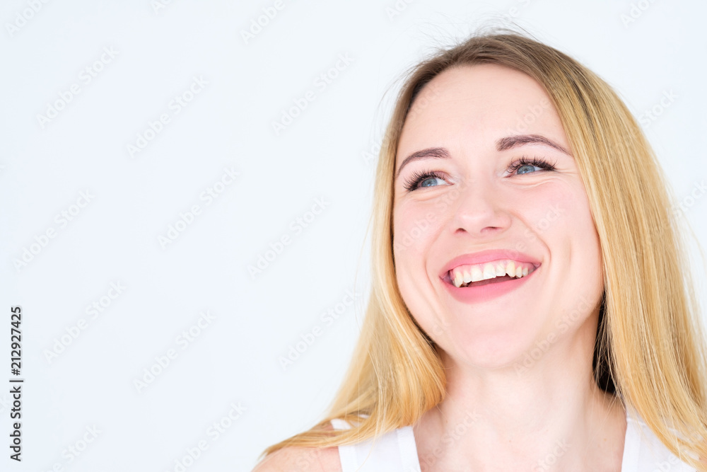 emotion face. happy smiling joyful delighted woman young beautiful blond girl portrait on white background. emotion face. happy smiling joyful delighted woman young beautiful blond girl portrait on white background.