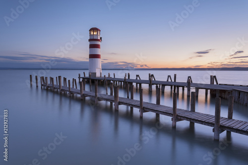 Summer sunset impression of lighthouse at Lake Neusiedl  Podersdorf am See  Burgenland  Austria 