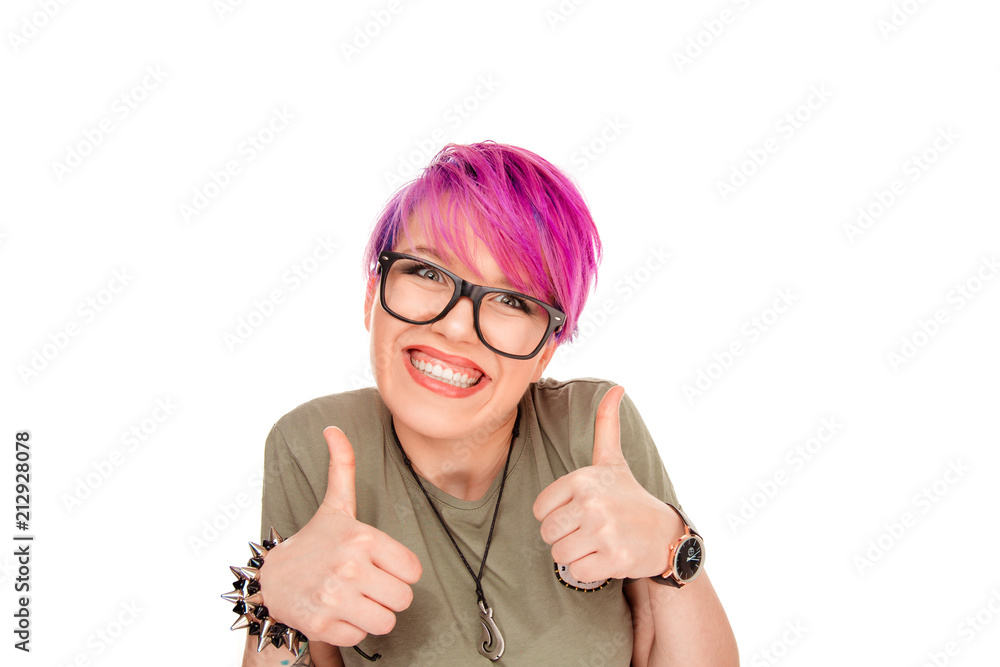 Content millennial woman with thumbs up