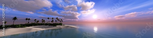 Panorama of a sea sunset over a tropical beach. Island with palm trees at sunset. Panorama of the oceanic sunrise. 3D rendering 