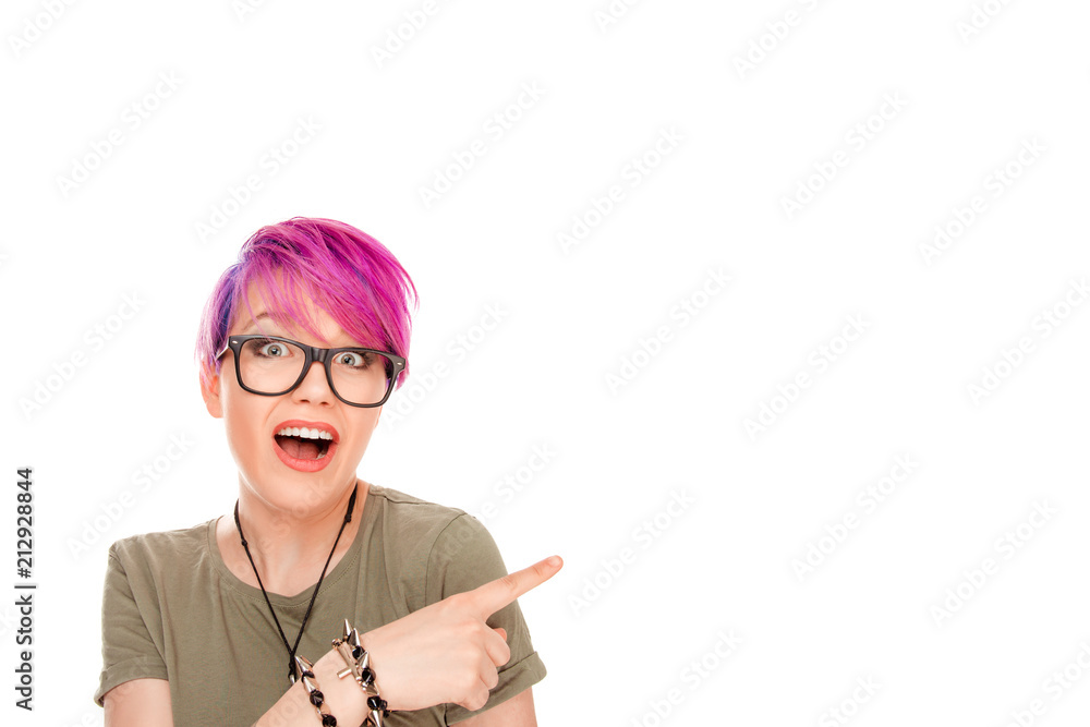 Bright excited woman pointing away