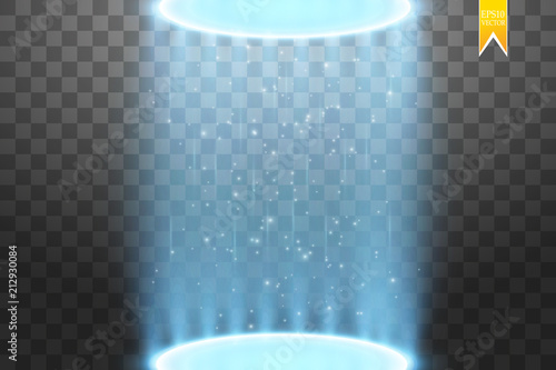 Magic fantasy portal. Futuristic teleport. Light effect. Blue candles rays of a night scene with sparks on a transparent background. Empty light effect of the podium. Disco club dancefloor.