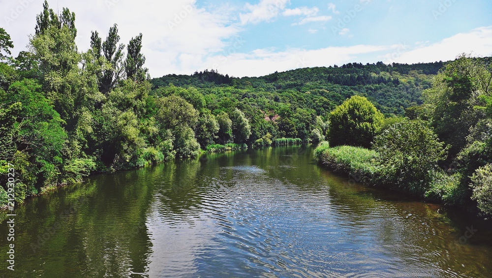 Flusslandschaft zwischen grünen Laubwäldern