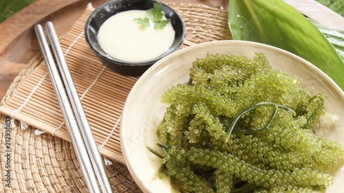 Umi-budou Seaweed or Green Caviar Healthy sea food or sea grapes seaweed on plate, Caulerpa lentillifera - sea grapes or green caviar. photo
