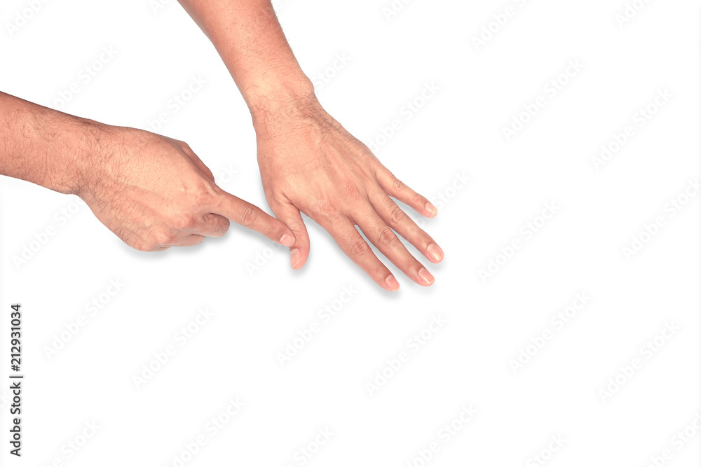 back hand of adult with the index finger pointing at the Thumb finger on white background isolated