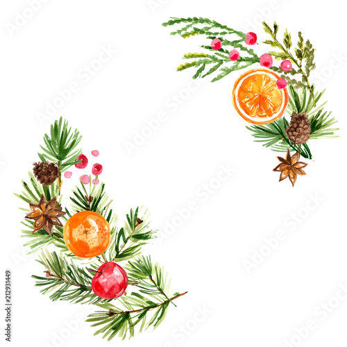 Christmas wreath. Ornaments from the branches painted with watercolors on white background. Branches of trees. Holly sprigs with red berries.