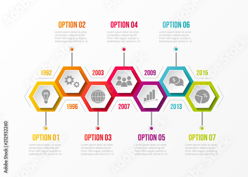 Concept of company timeline with business icons. Vector.
