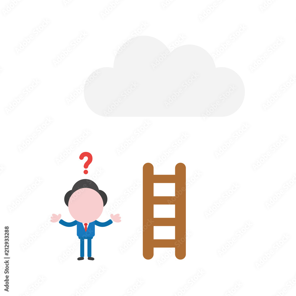 Vector confused businessman character with short wooden ladder to reach cloud