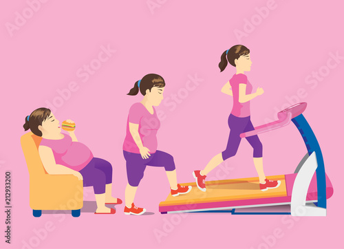 Fat woman on sofa change her body with rise up for exercise with treadmill workout. Concept illustration about fast lose weight.