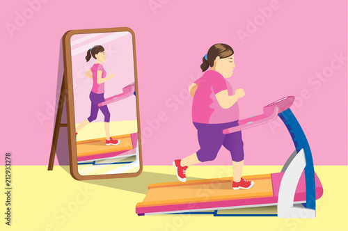 Fat woman jogging on electric treadmill while mirror reflecting slim woman. Concept illustration about Lose weight.