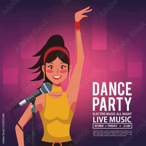 Dance party invitation card with disco woman artist singing