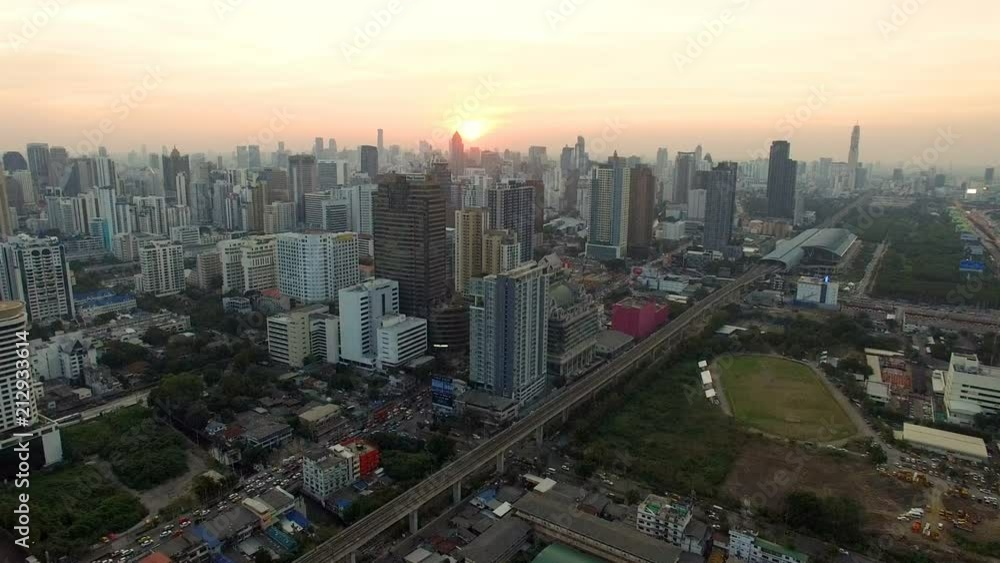 aerial view of bangkok skyscraper and sunset sky