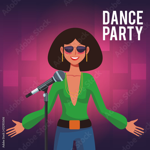 Dance party invitation card with disco woman artist singing