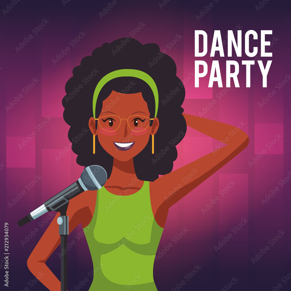 Dance party invitation card with disco woman artist singing Dance party invitation card with disco woman artist singing