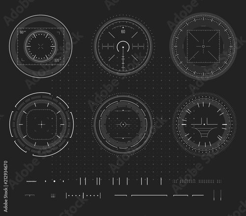 Sniper aim, digital smart device display, HUD infographic, design element. Shooting range, aim, target icon collection. Vector abstract logo template collection, illustration on black background.