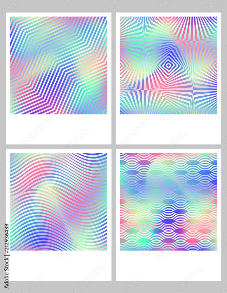 Hologram gradient set backgrounds. Trendy hipster colorful texture in pastel or neon color design. Template for label, design cover, book, gift card
