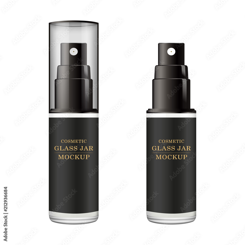 Realistic brown and white bottle. Mock up of cosmetic spray jar. Cosmetic vial, flask, perfume flacon. Medical bottle with design label. Vector illustration set.