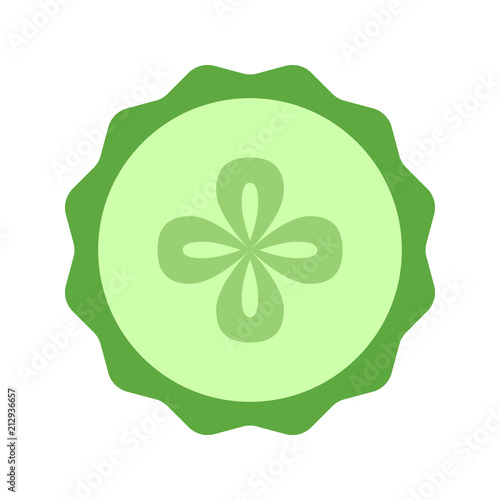 Cucumber slice closeup icon, green round piece of cucumber. Logo design, flat vector illustration.