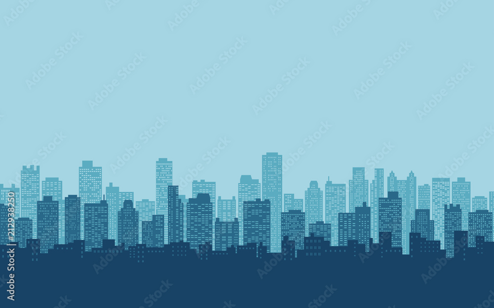 silhouette of city skyline, Cityscape in blue color background and flat icon design