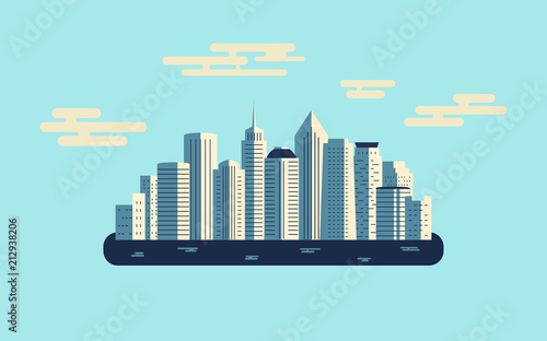 Flat icon design of city skyline and clouds floating on blue sky background