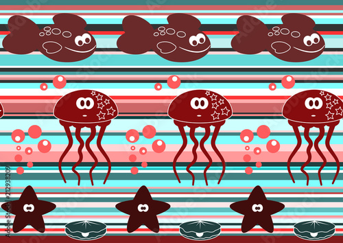 Seamless pattern with cute fish, jellyfish and starfish.