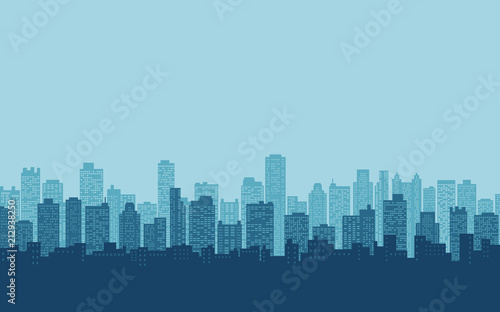 silhouette of city skyline  Cityscape in blue color background and flat icon design