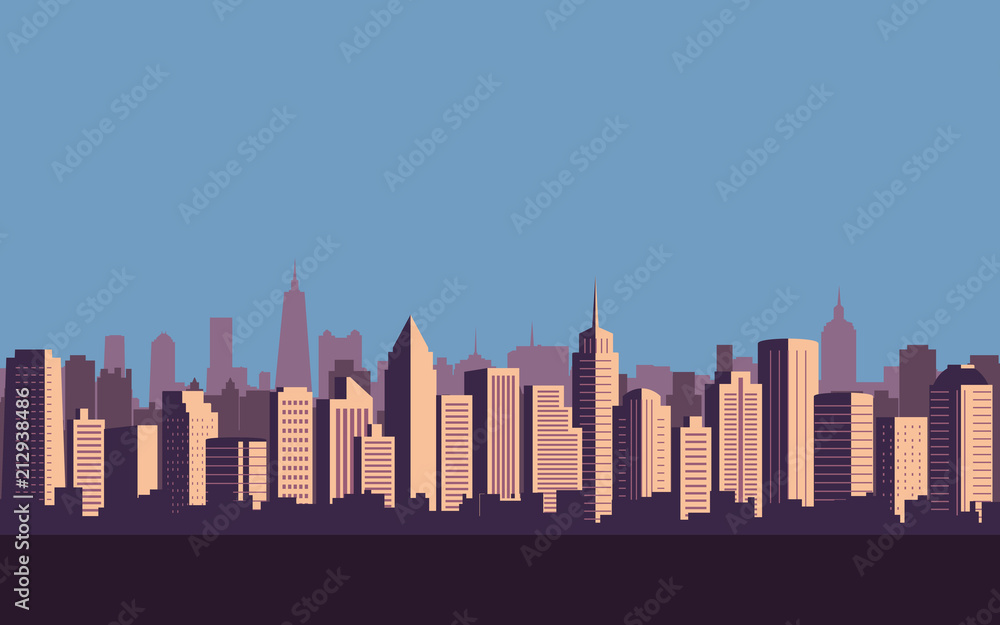 flat icon design of city skyline, Cityscape with blue sky background