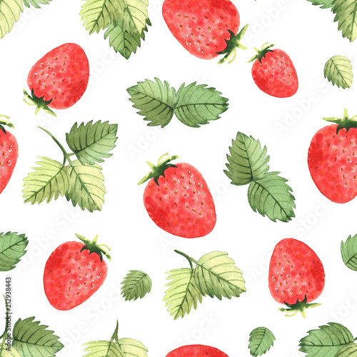 Fototapeta Naklejka Na Ścianę i Meble -  Seamless pattern of strawberries and leaves, in watercolor style.