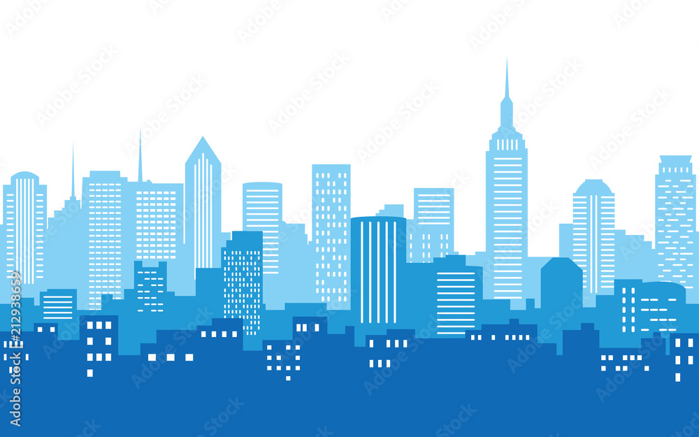 flat icon design of Cityscape in blue color and white sky background