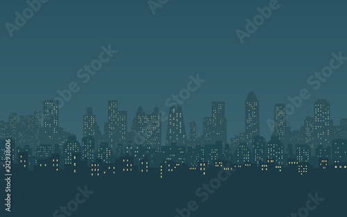silhouette of city skyline or Cityscape at night with light from window and blue sky background