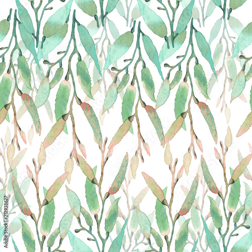 Watercolor pattern with seaweed. On a white background.
