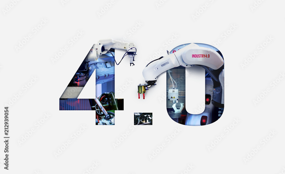 Fototapeta Koncepcja podwójnej ekspozycji Przemysłu 4.0. Druk 3D, Automatyka, Ramię robota i Autonomiczna technologia przemysłowa.